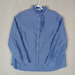 J. Crew Button-Up Shirt Womens XXL Blue Chambray Ruffle Neck Classic Gibson Girl
